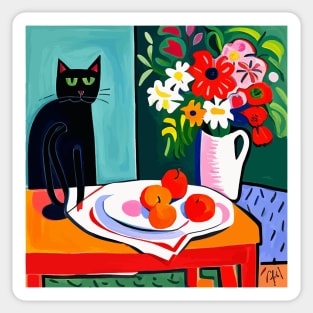 Black Cat with Still Life Flowers in a White Vase Still Life Painting Sticker